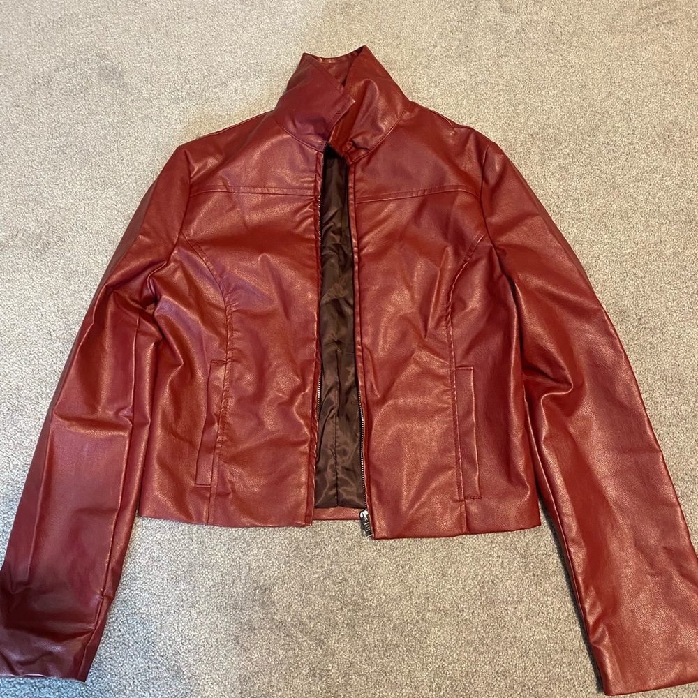SHEIN Red Leather Jacket Cropped
